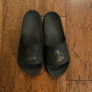 OVO Black Slides with Iconic Gold Owl